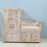 Handcrafted Carved Solid Wood Indian Furniture Carved Seaty Whitewash140x120Cm